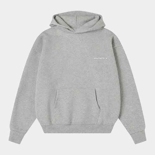 Gray hoodie with a brand logo on a light gray background
