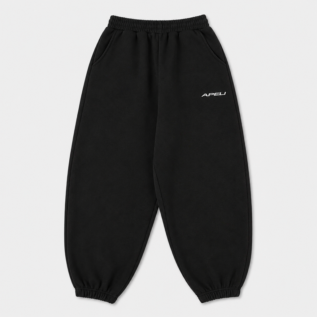 Black sweatpants with a brand logo on a light gray background