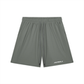 Gray athletic shorts with a brand logo on a white background