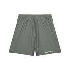 Gray athletic shorts with a brand logo on a white background