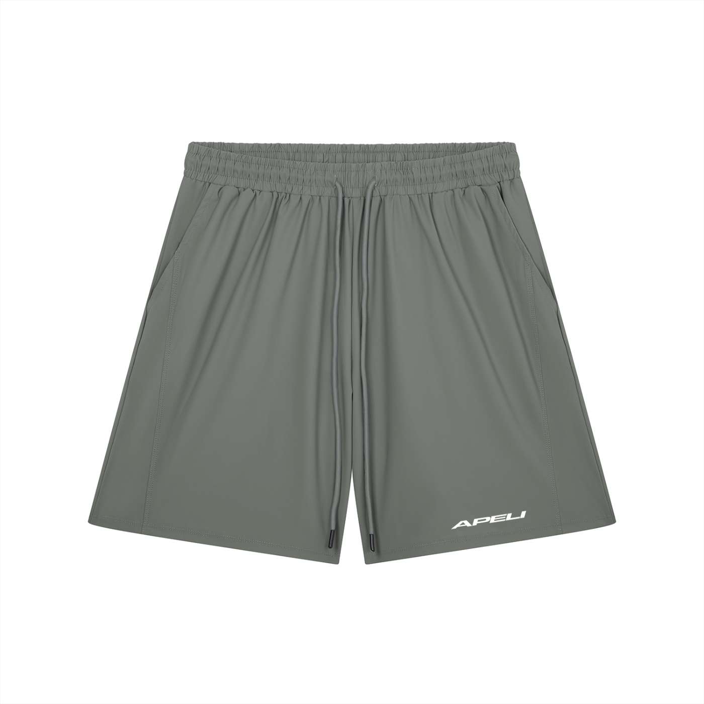 Gray athletic shorts with a brand logo on a white background