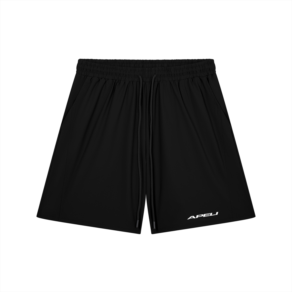 Black shorts with 'APELI' logo on a white background